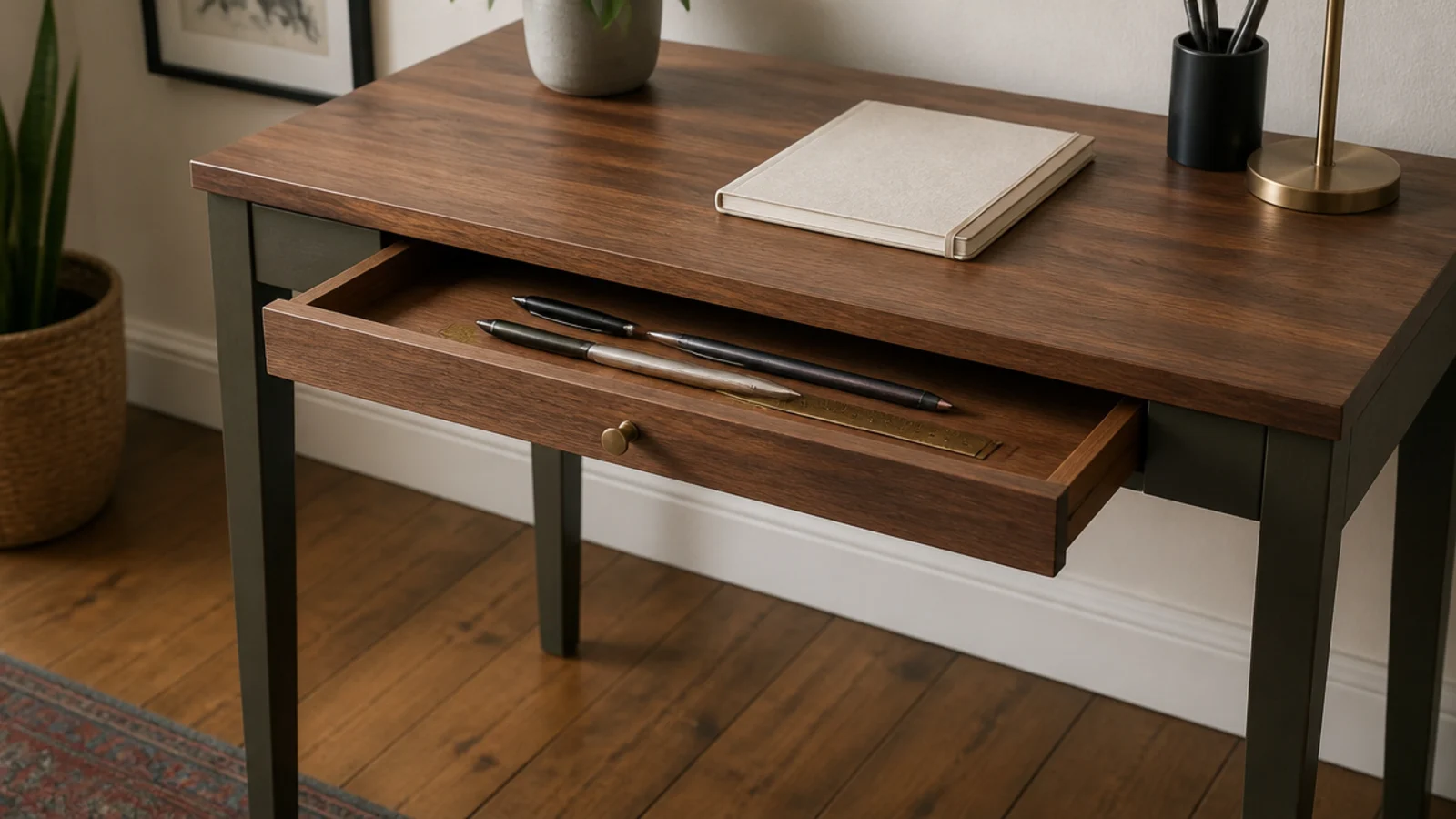 very shallow drawer pulled open under a small study desk