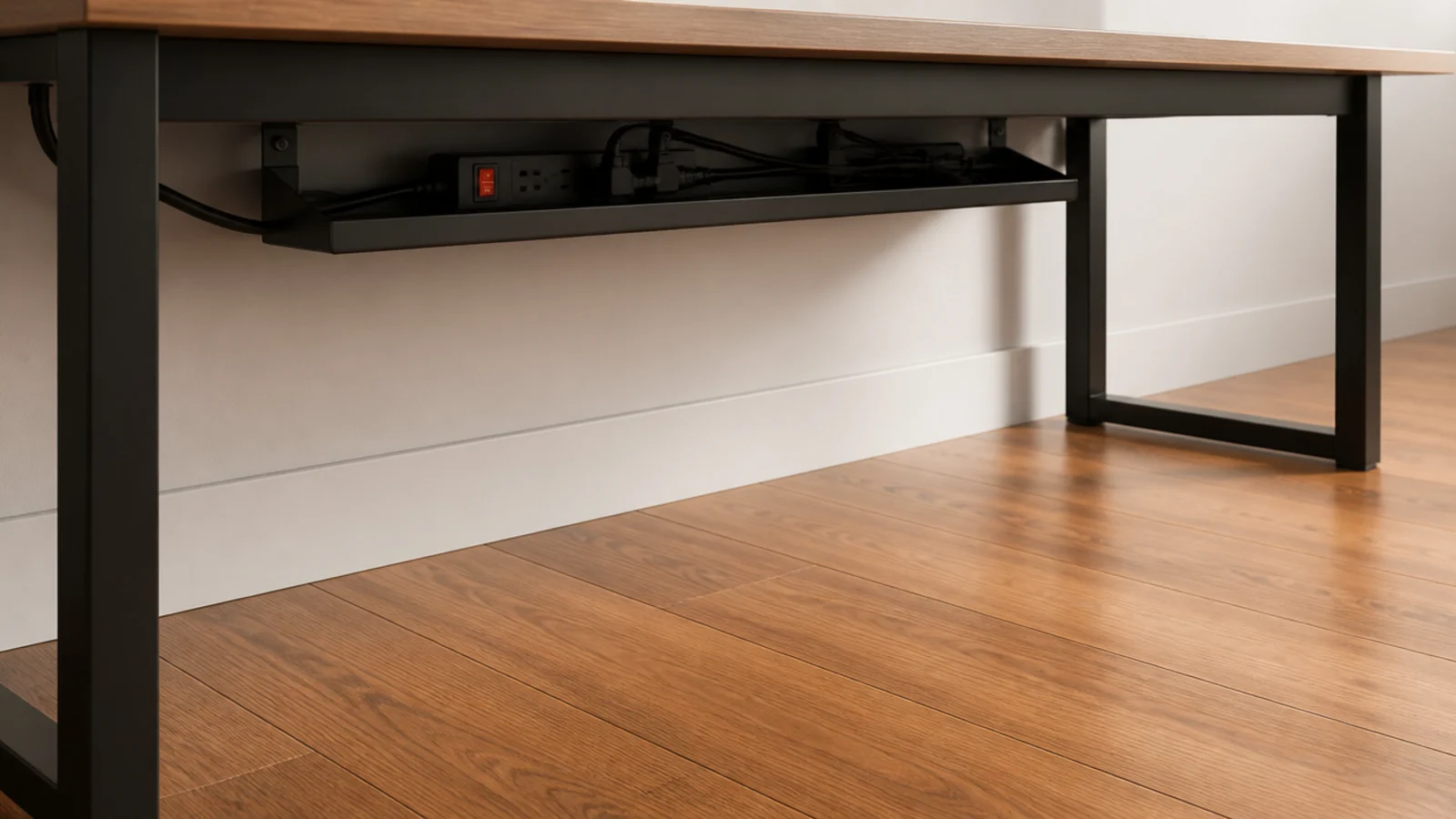 shallow cable tray under a small desk with clear floor beneath