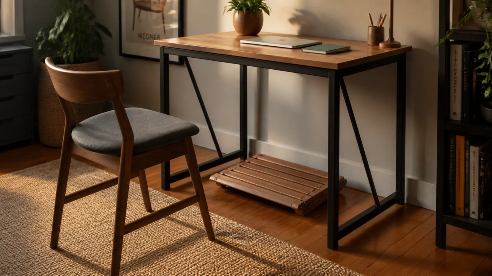 folding footrest tilted flat under a compact study desk