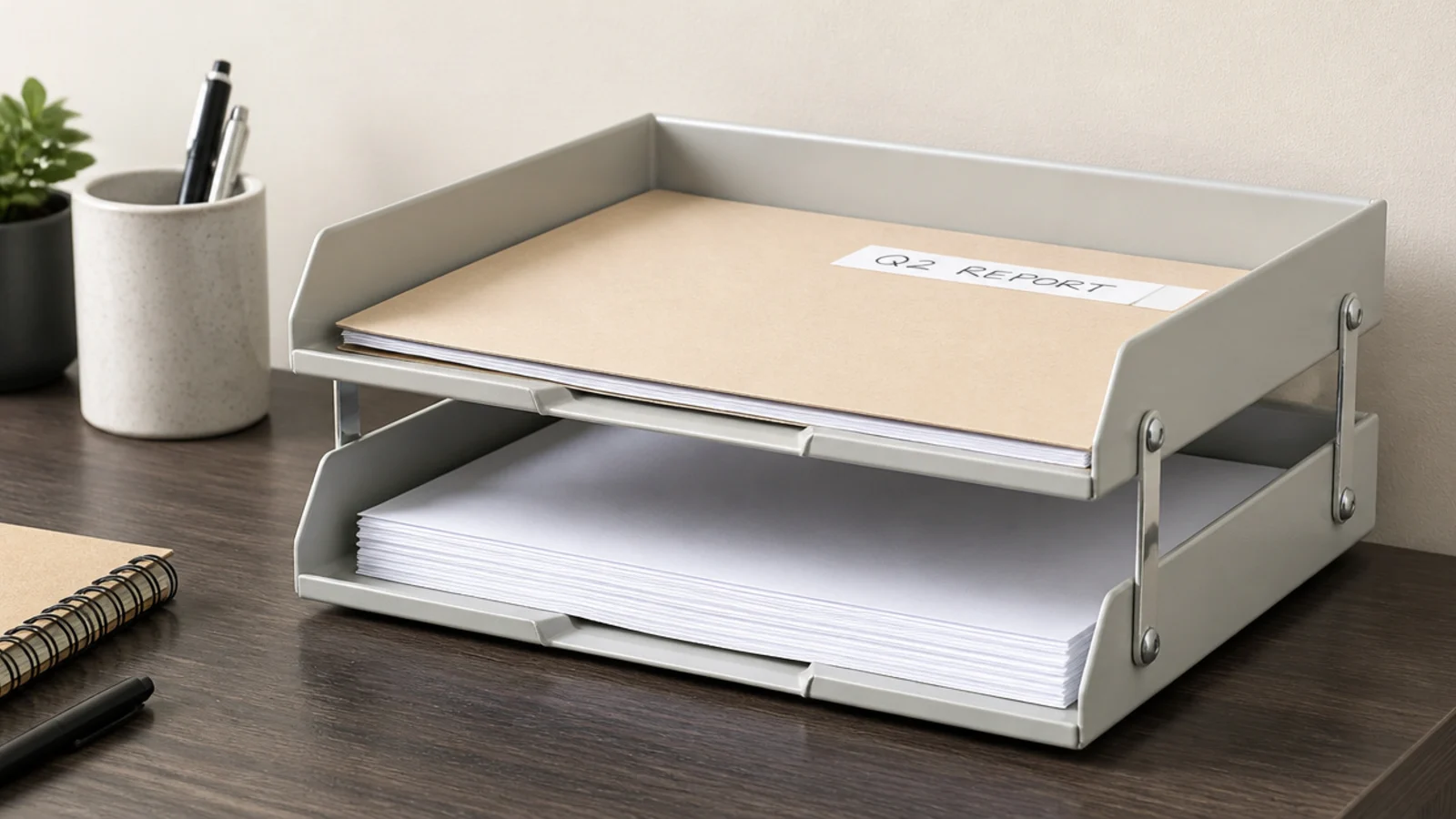two stacked paper trays holding incoming and finished work