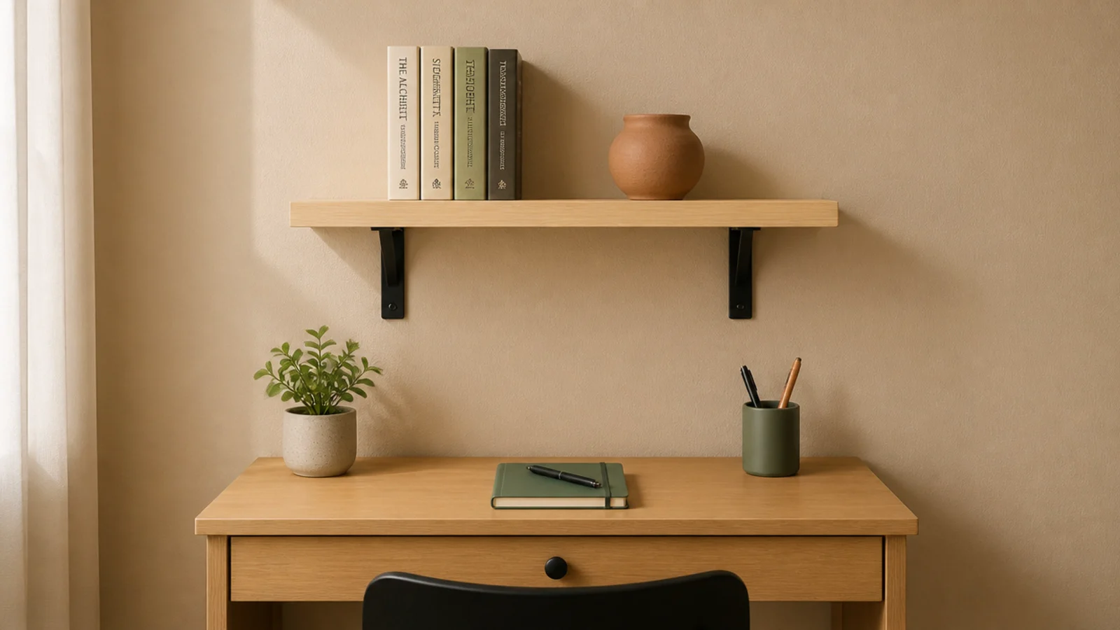 short wall shelf above a compact desk holding a few books