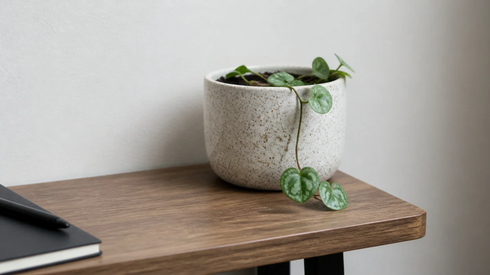 tiny trailing plant in a small pot at the corner of a desk