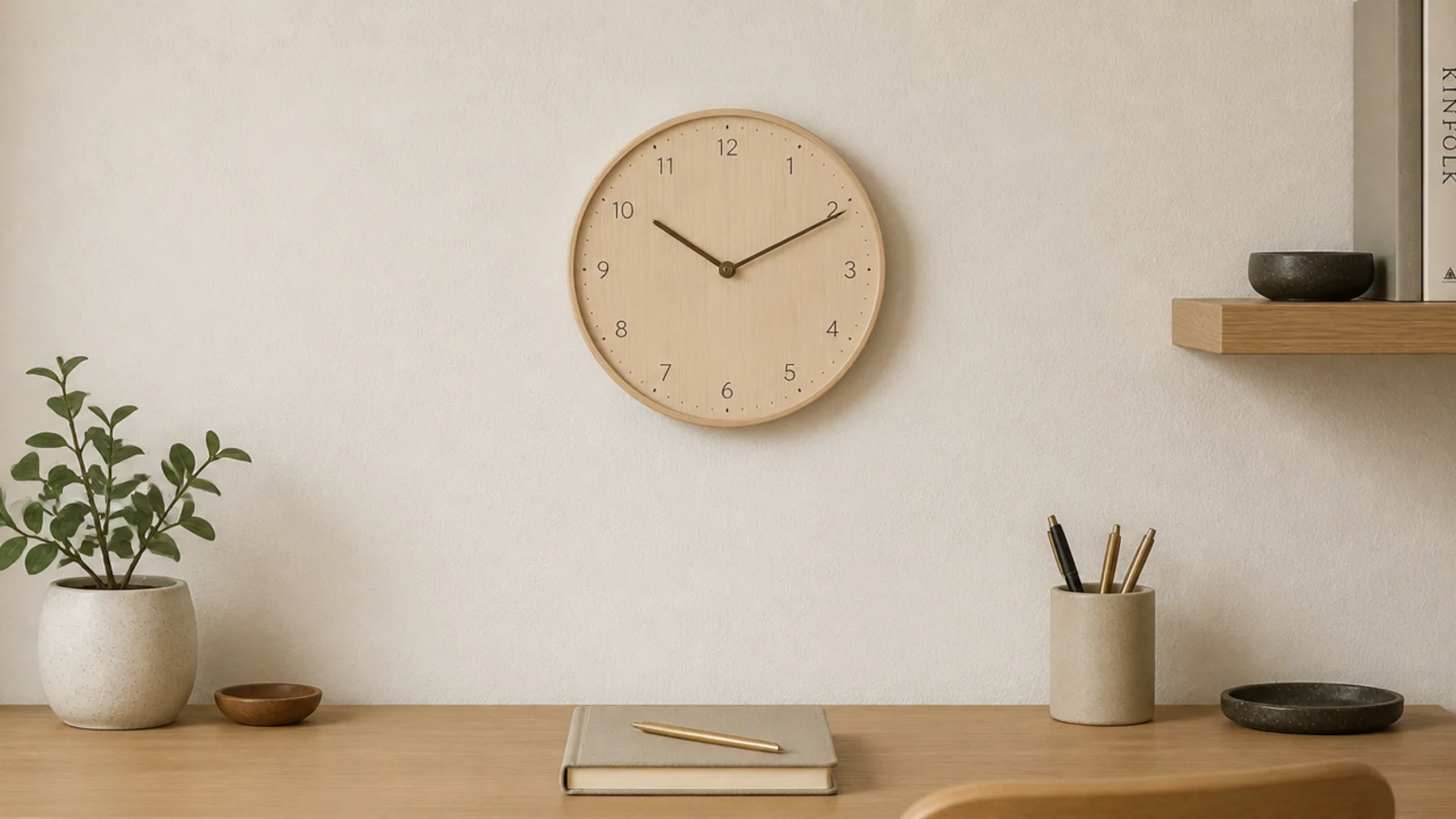 small wall clock hung beside a compact desk at seated height