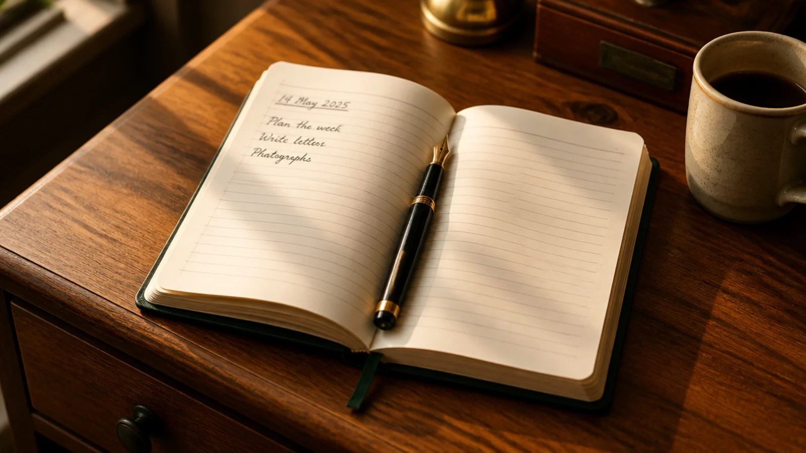 single small notebook open on a compact desk beside a pen