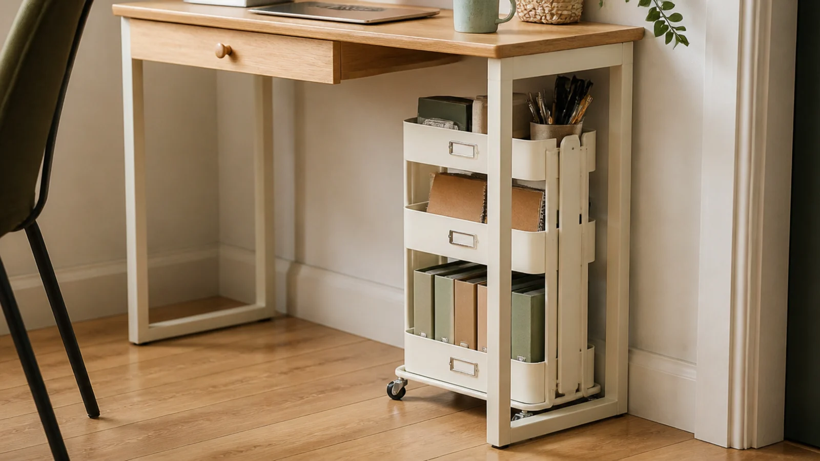 narrow rolling cart tucked fully beneath a compact study desk