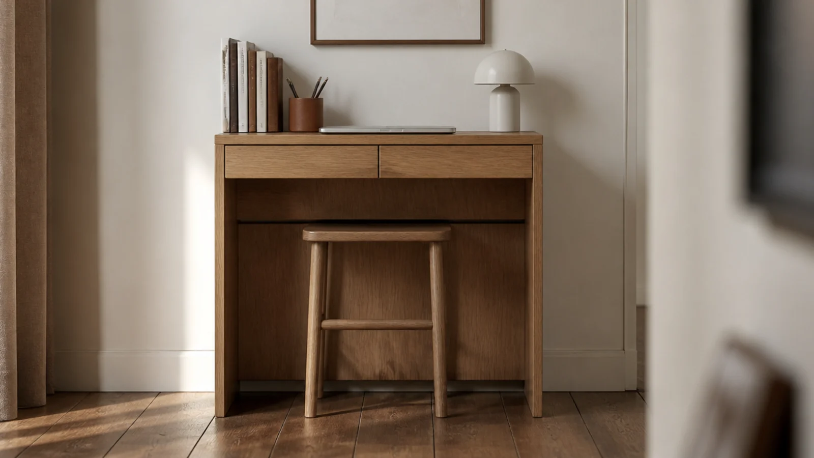 backless wooden stool pushed right under a small study desk
