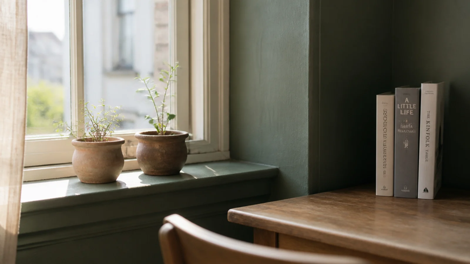 deep windowsill beside a desk holding small pots and books