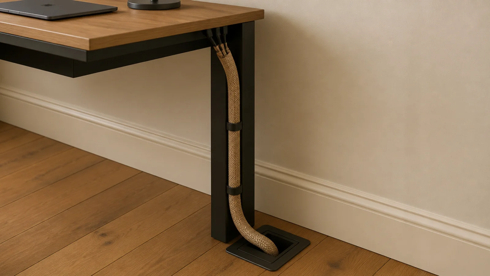 single braided sleeve gathering three cables down a desk leg