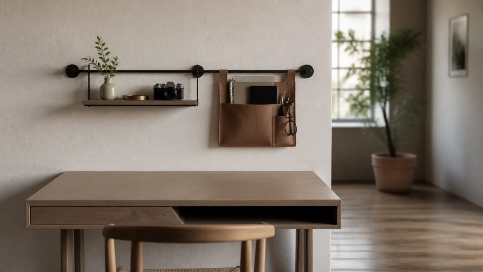 compact desk left clear with storage visible on the wall behind