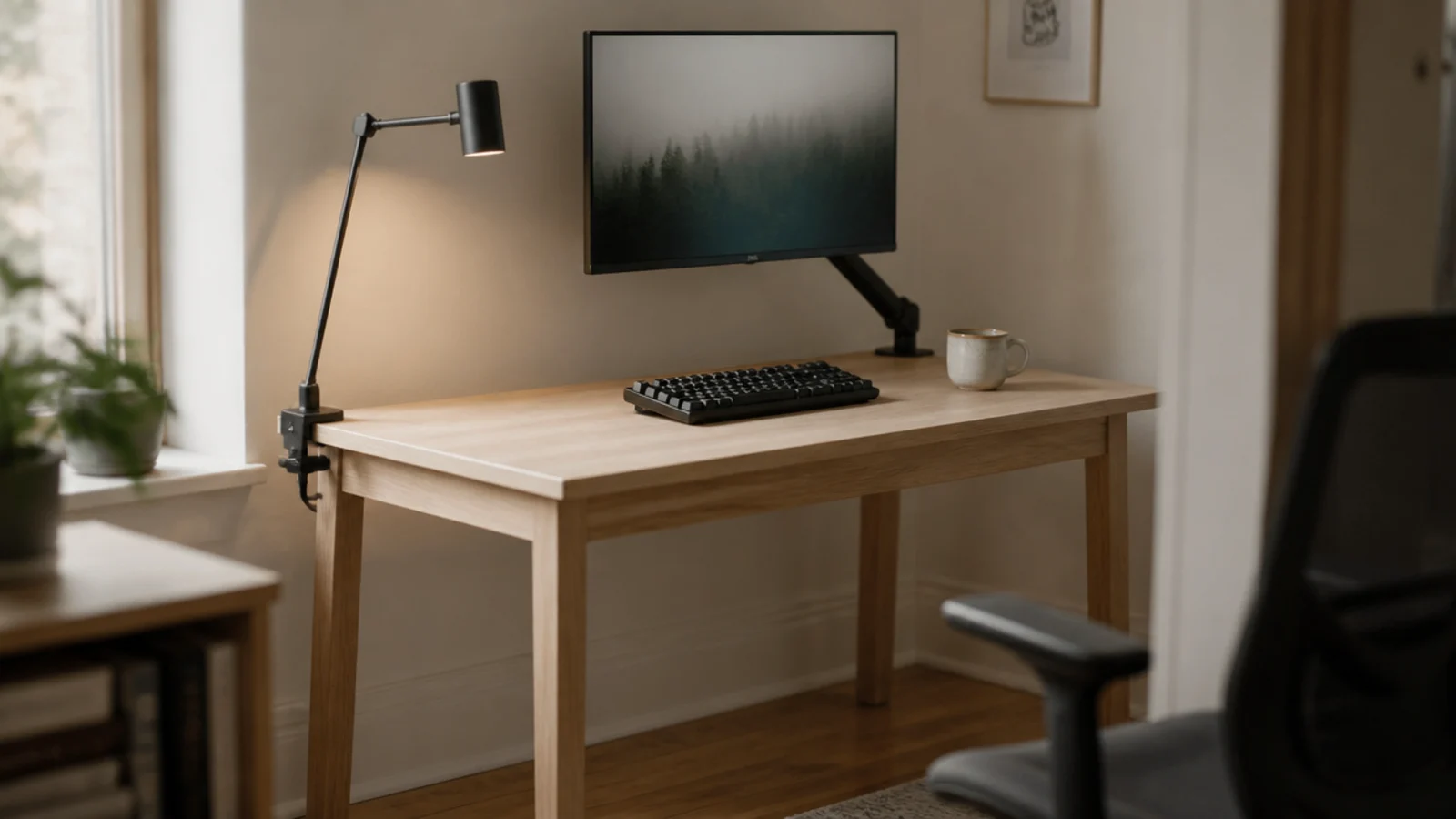 small study desk with a monitor on an arm and a clamp lamp