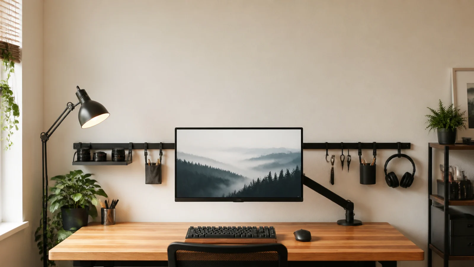 tall small study desk view with monitor arm wall rail and clamp lamp