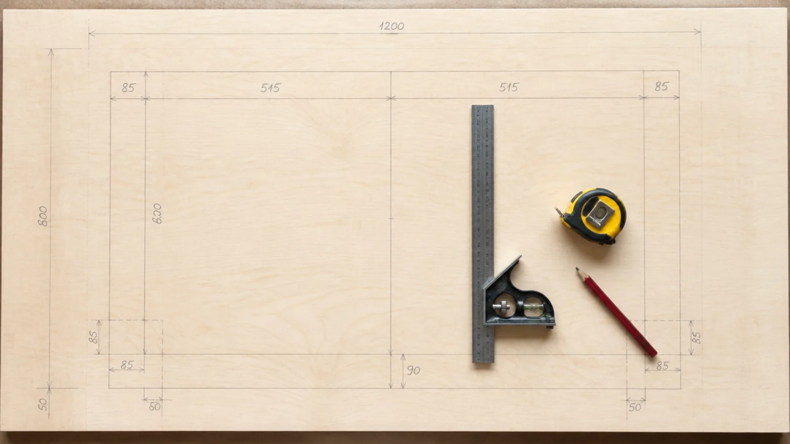 cut list pencilled on plywood beside a tape measure and square