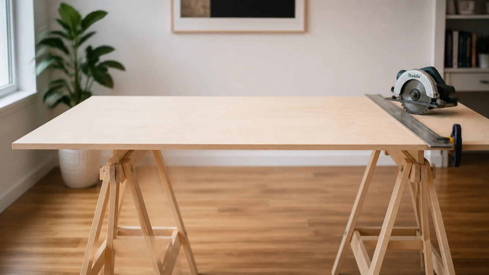 large plywood panel cut to desk size resting on two trestles