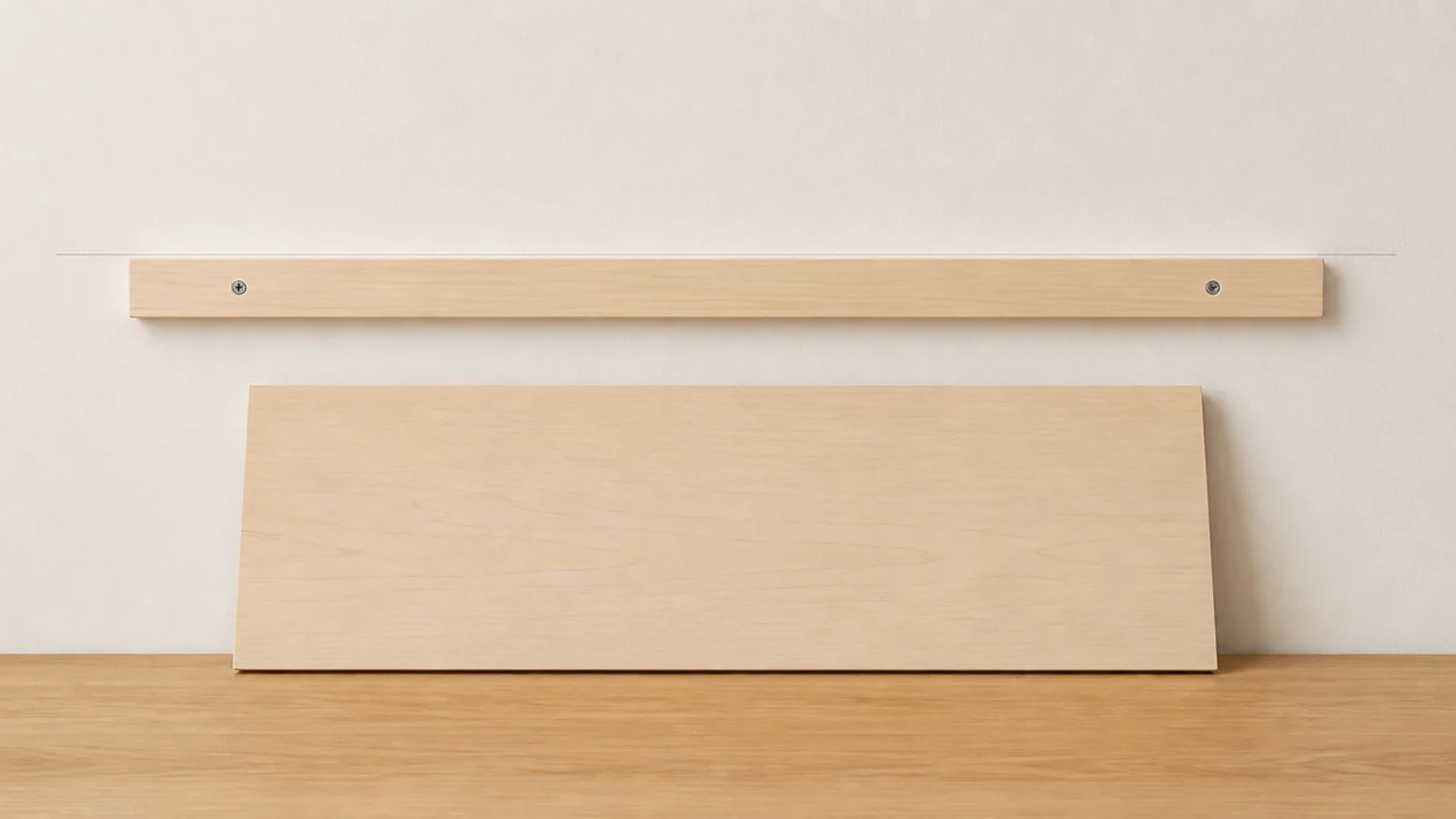 timber cleat screwed to a wall ready to carry a shelf board