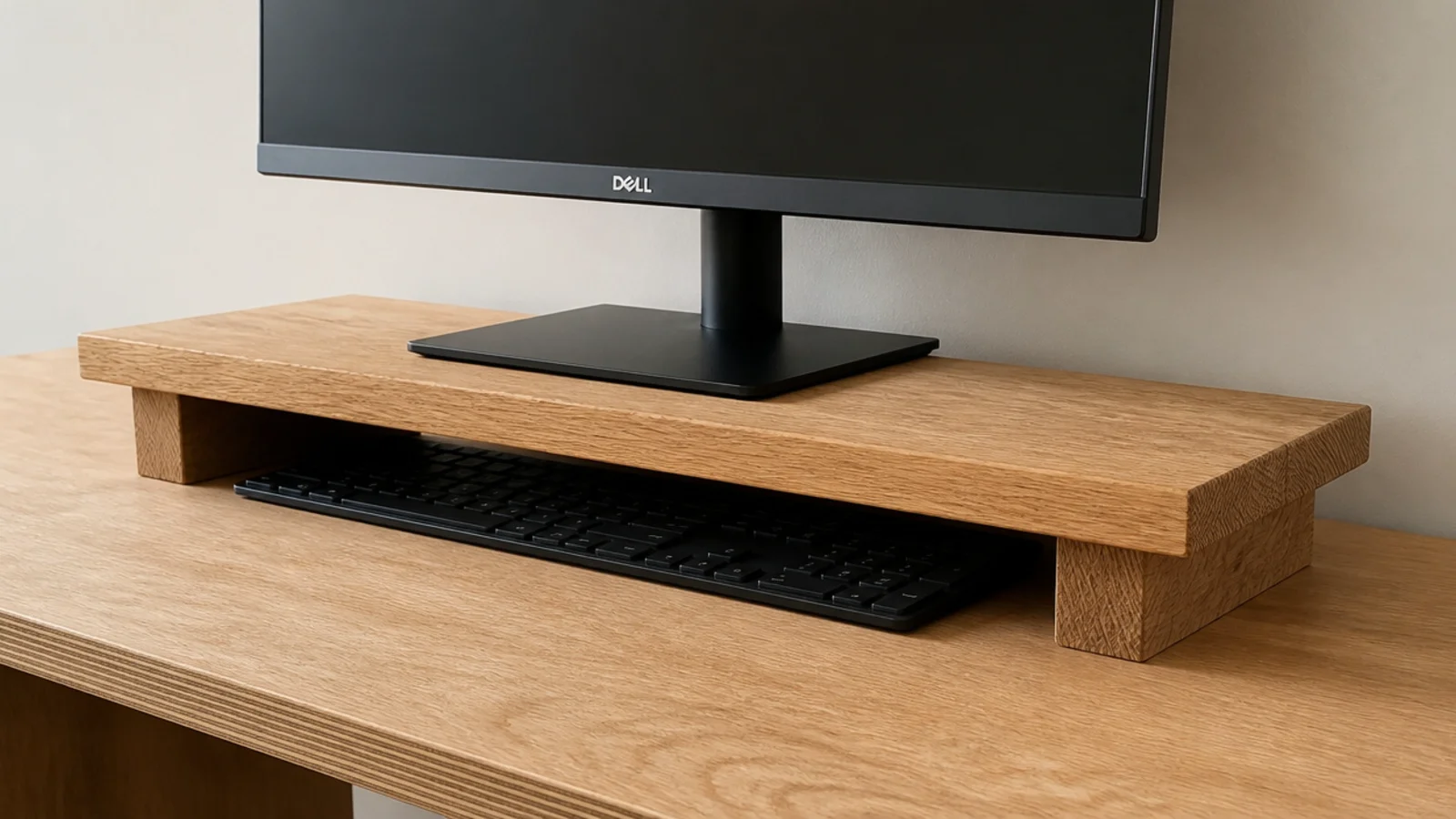 simple wooden monitor riser with two block feet on a desk