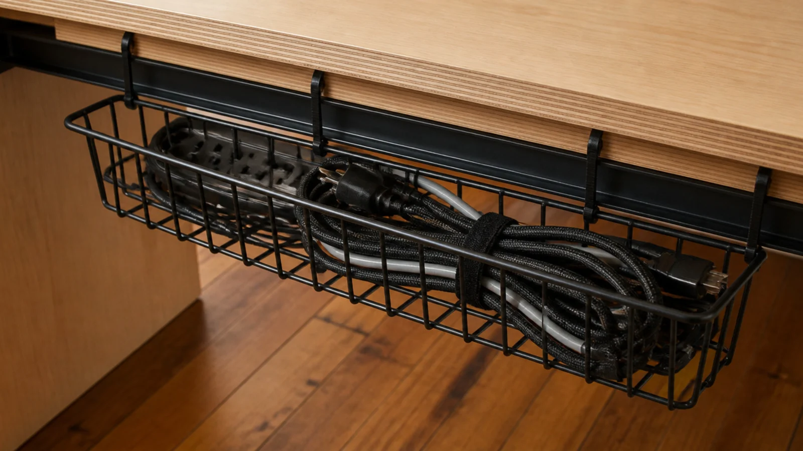 wire basket fixed under a desk holding a power strip and cables