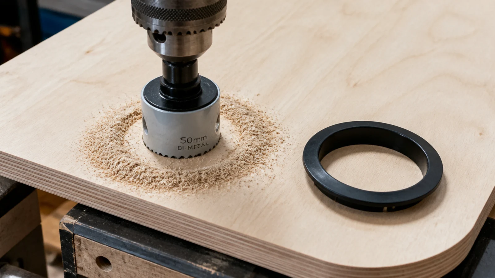 hole saw cutting a round opening through a plywood desk top