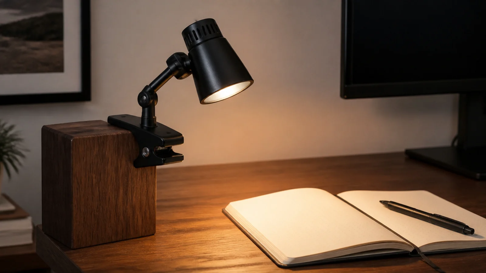 small clip lamp raised on a solid wood block beside a monitor