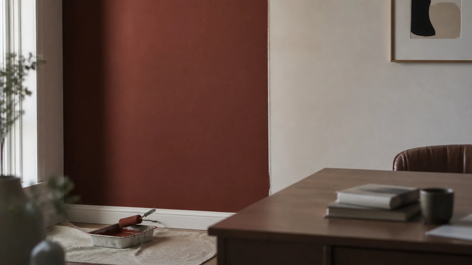 roller edge of a deep clay paint panel drying behind a desk