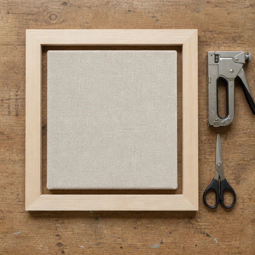 cork tile wrapped in linen and set into an old wooden frame
