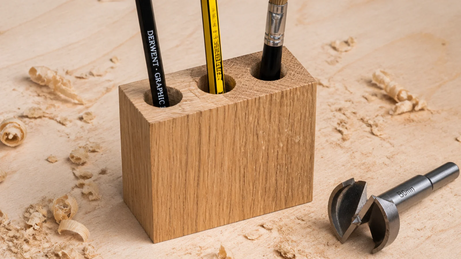 wooden offcut block drilled with holes to hold pens and brushes