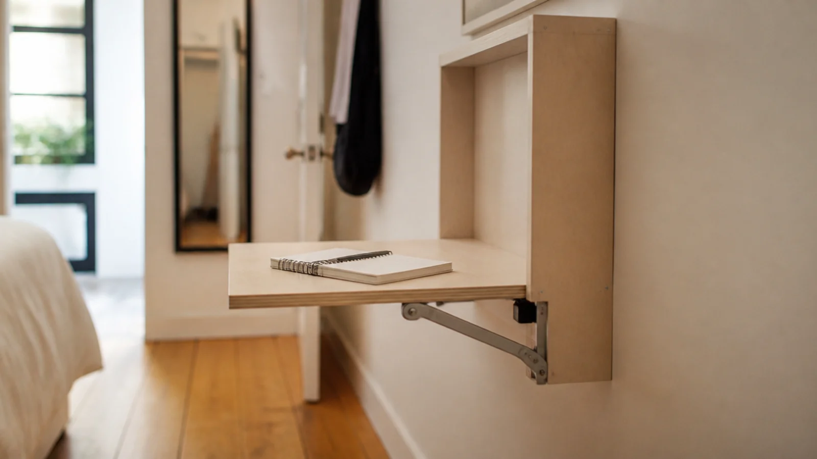 fold down wall desk lowered on a piano hinge in a narrow room