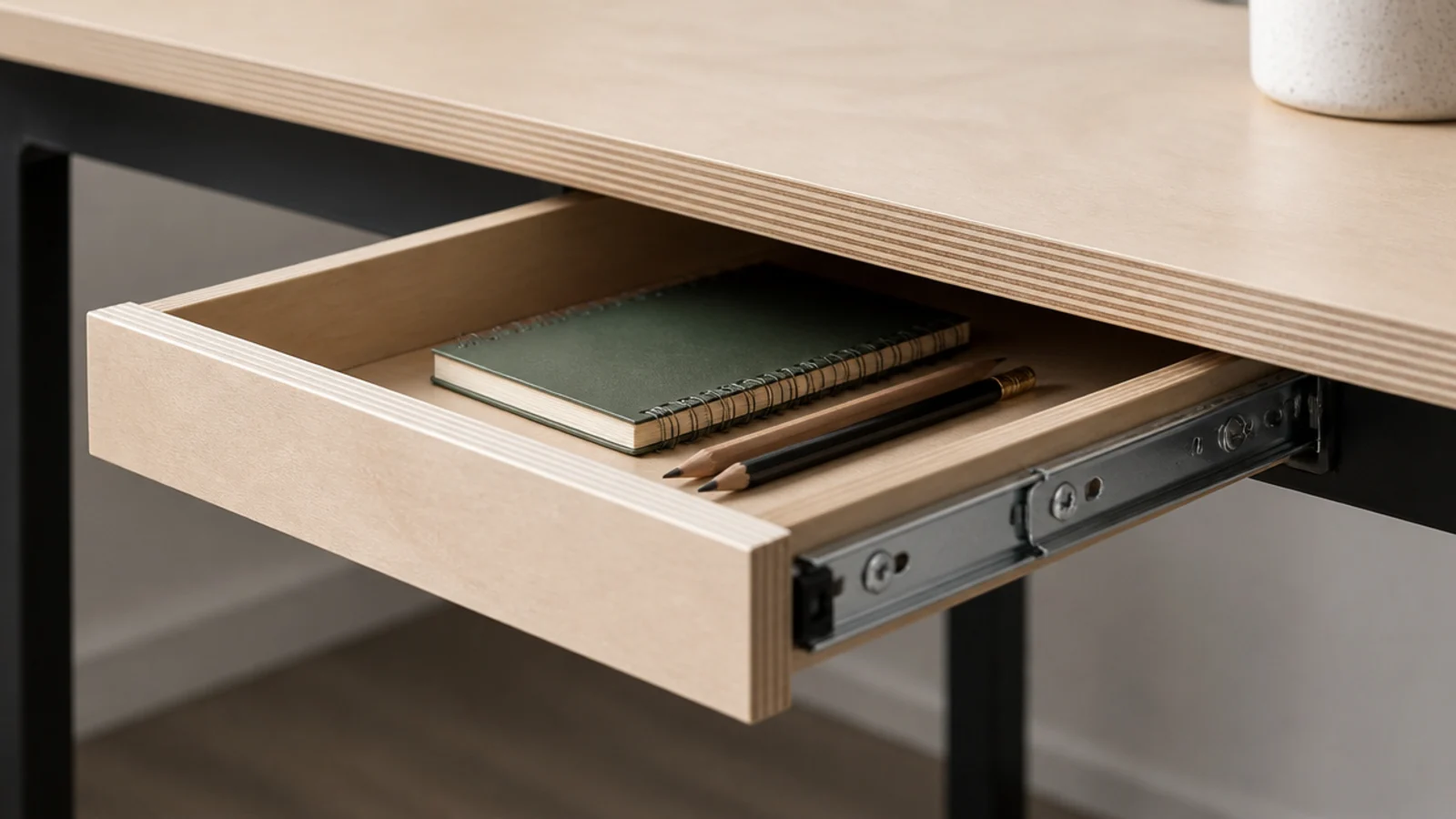 shallow homemade drawer running on metal slides beneath a desk