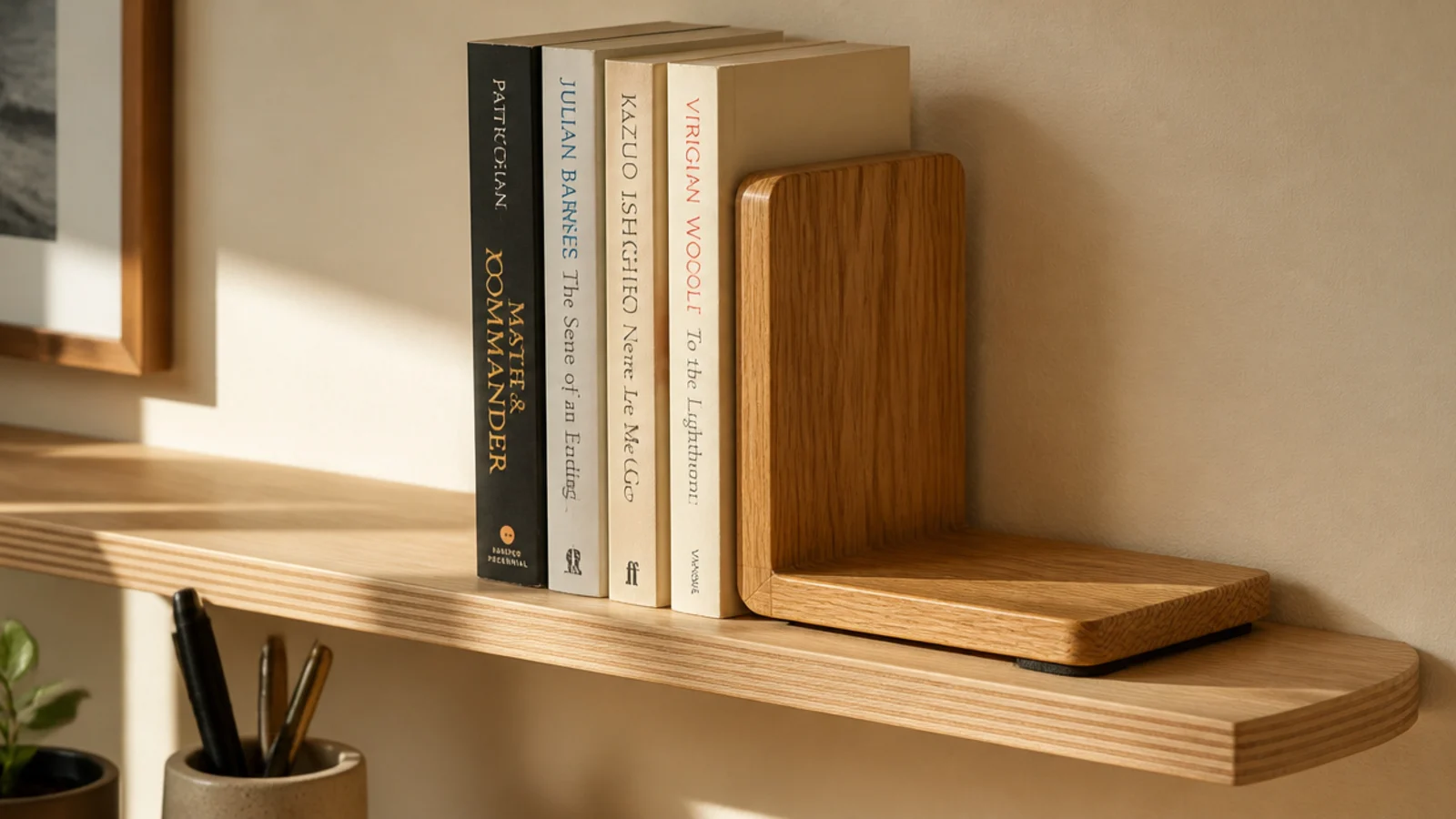 L shaped wooden bookend holding four upright books on a shelf