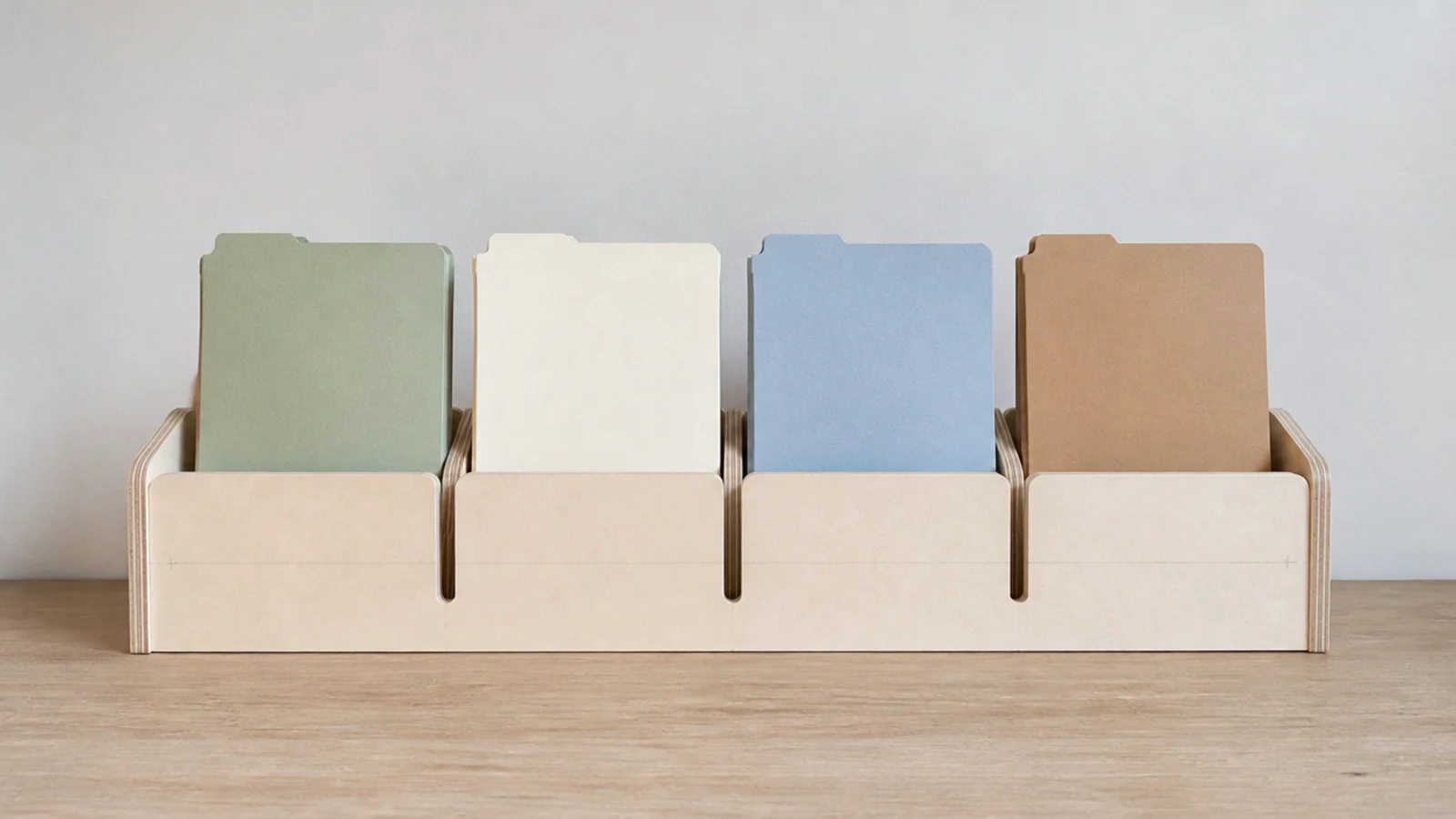 slotted plywood file divider holding upright folders on a desk