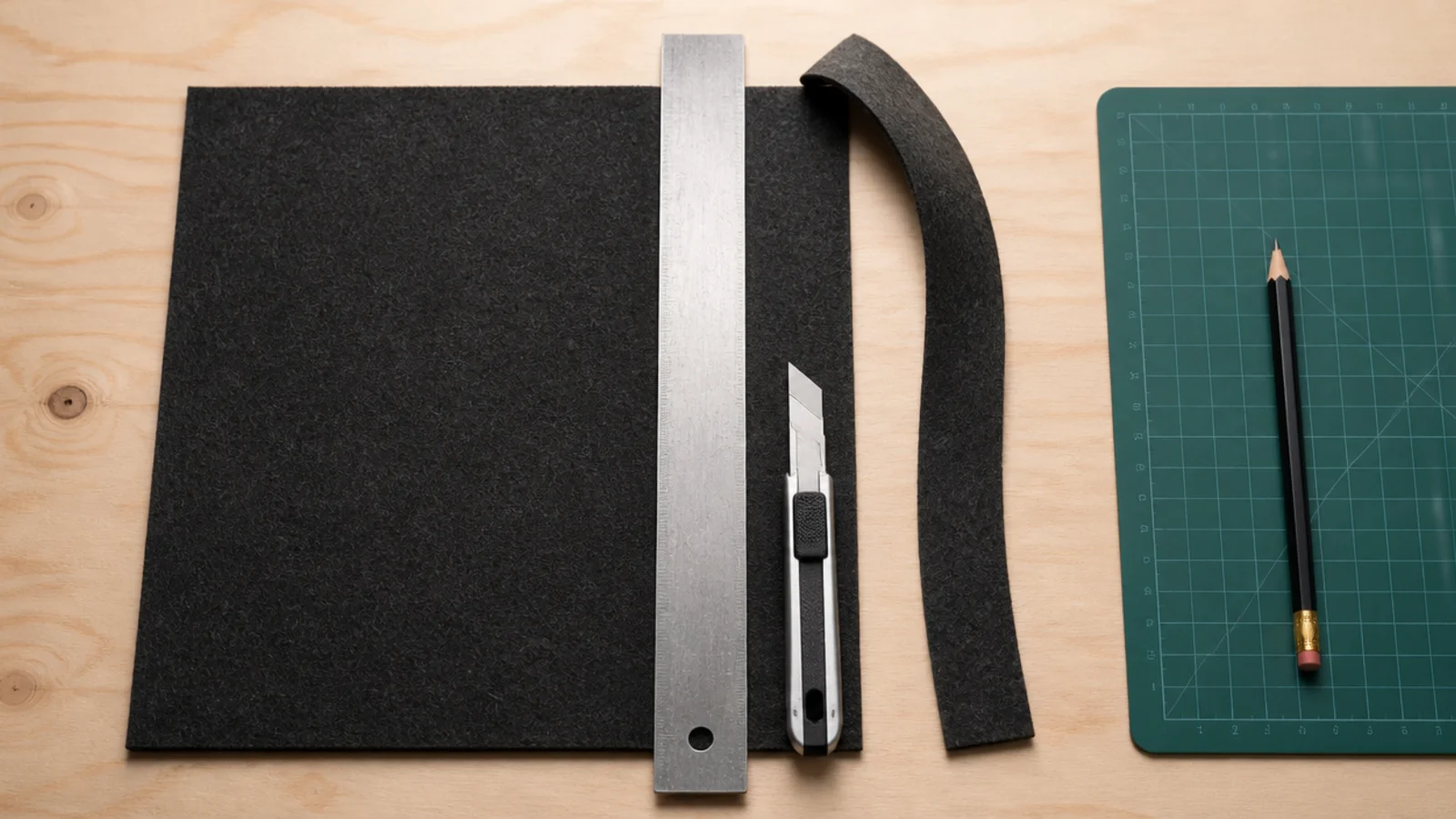 wool felt sheet being cut to desk pad size with a metal rule