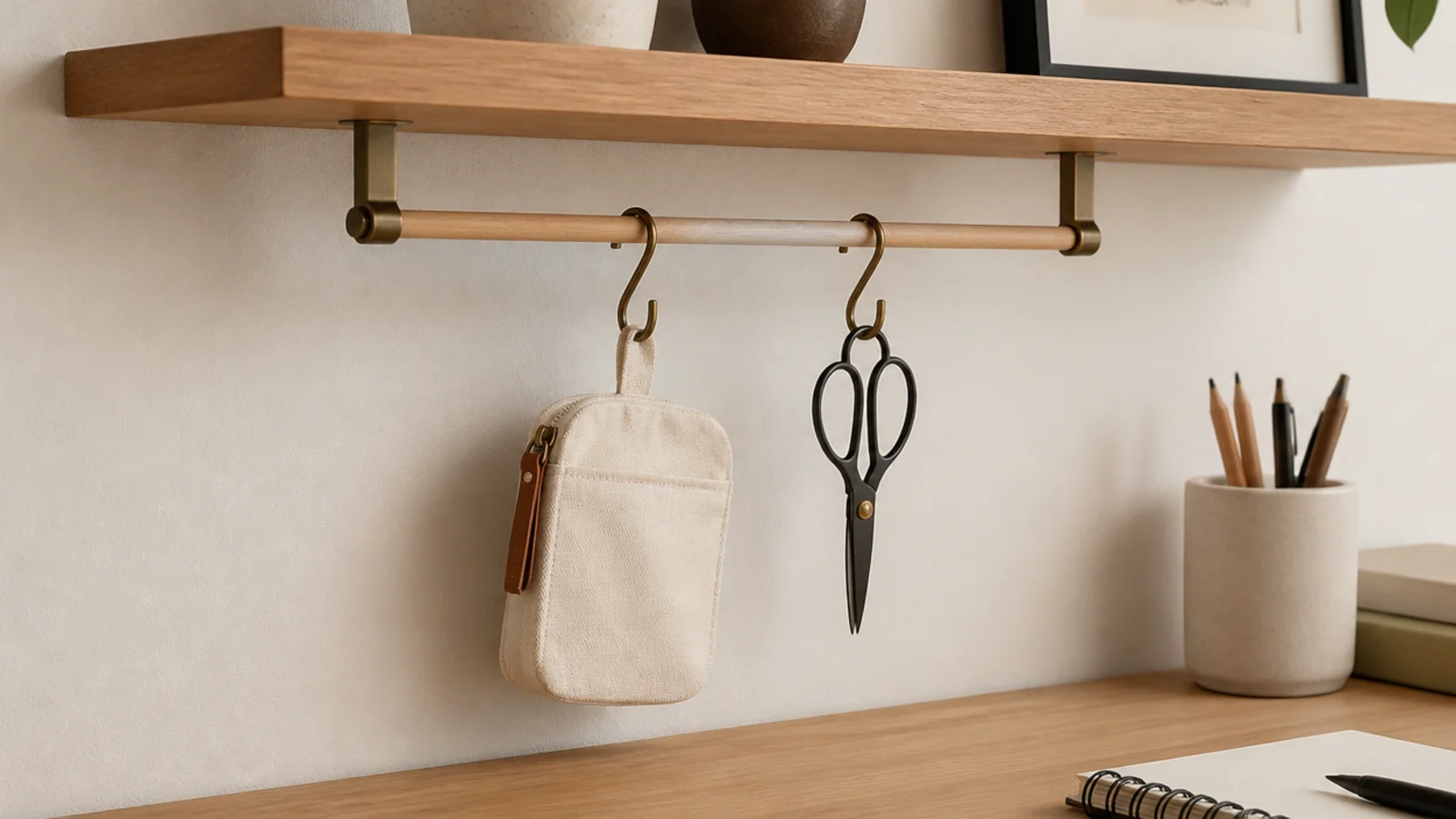 wooden dowel rail under a shelf holding hanging cups and tools