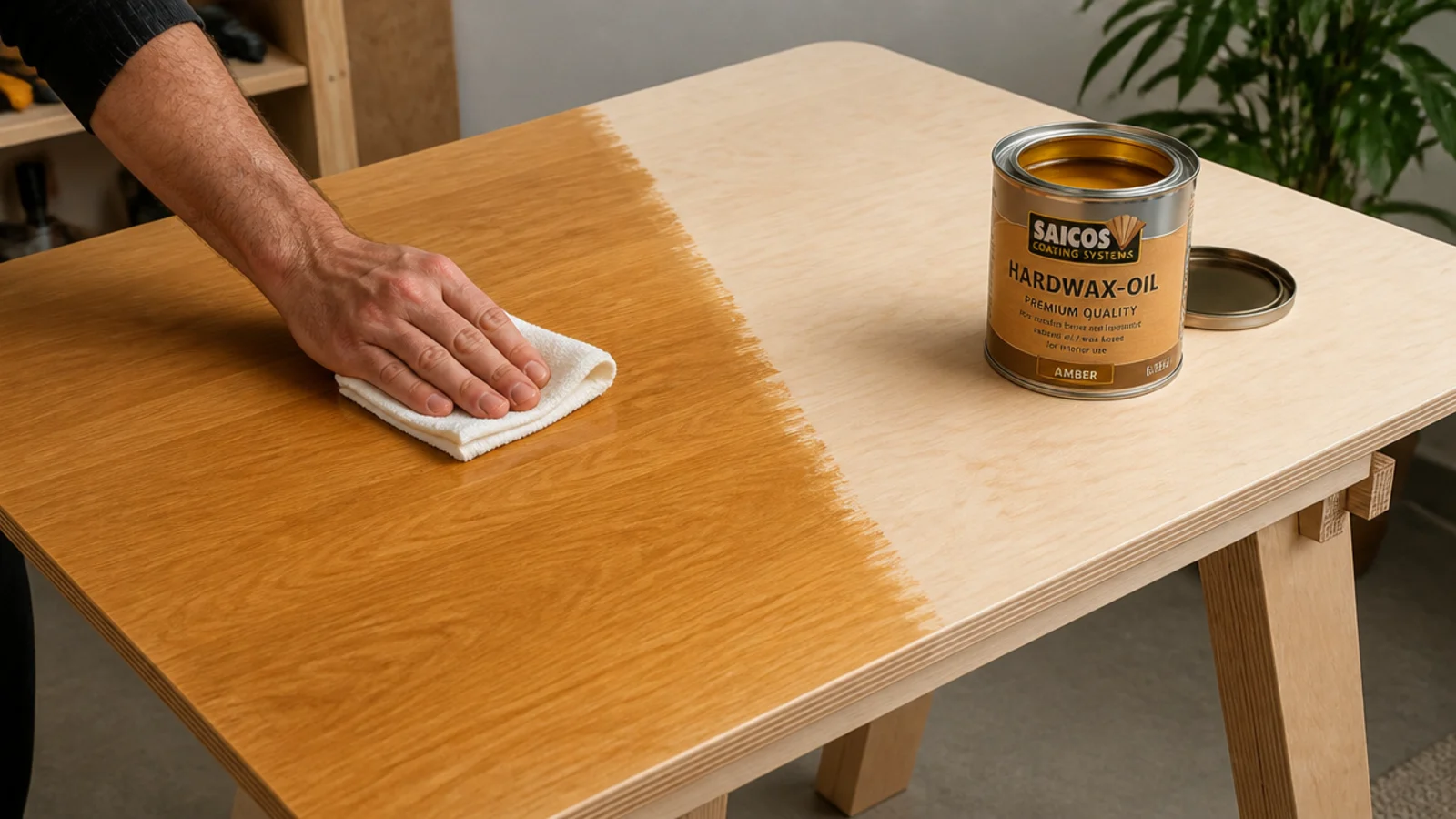 cloth wiping hardwax oil across a raw plywood desk surface