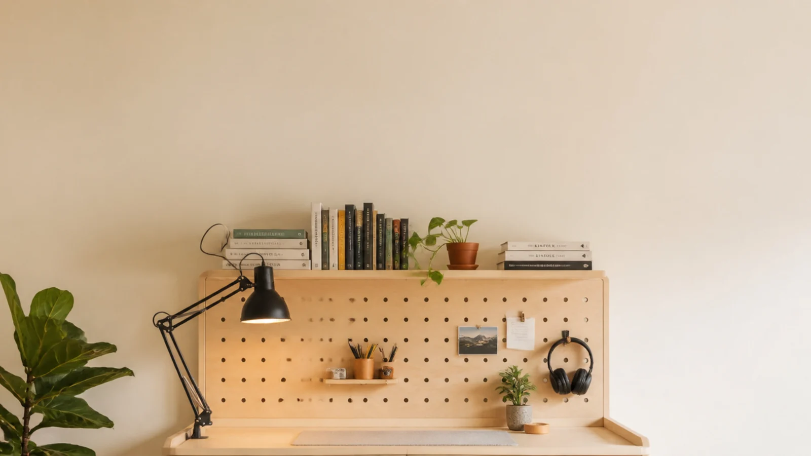 tall view of a DIY plywood study desk with shelf pegboard and lamp