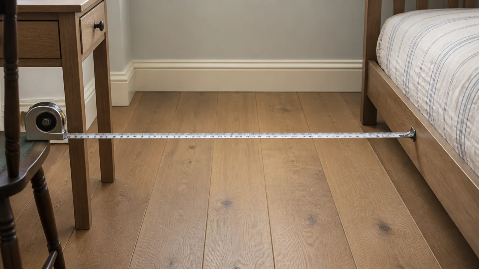 tape measure stretched across a small bedroom floor beside a desk