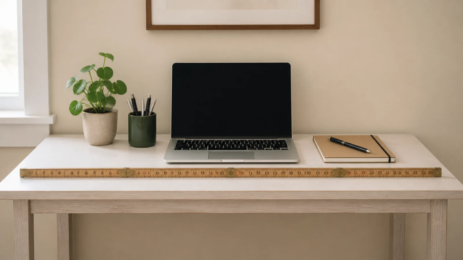 narrow desk top measured across with a folding rule laid flat