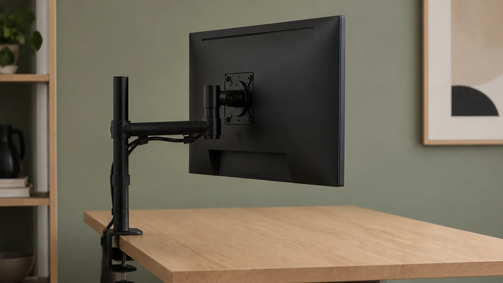 monitor floating on an arm above a very shallow desk surface