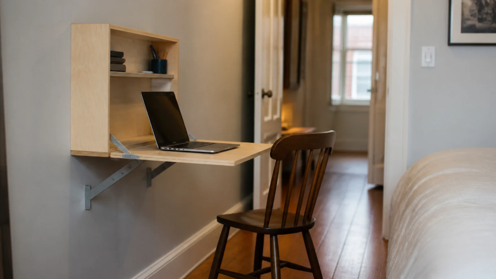 wall mounted fold down desk lowered in a narrow bedroom