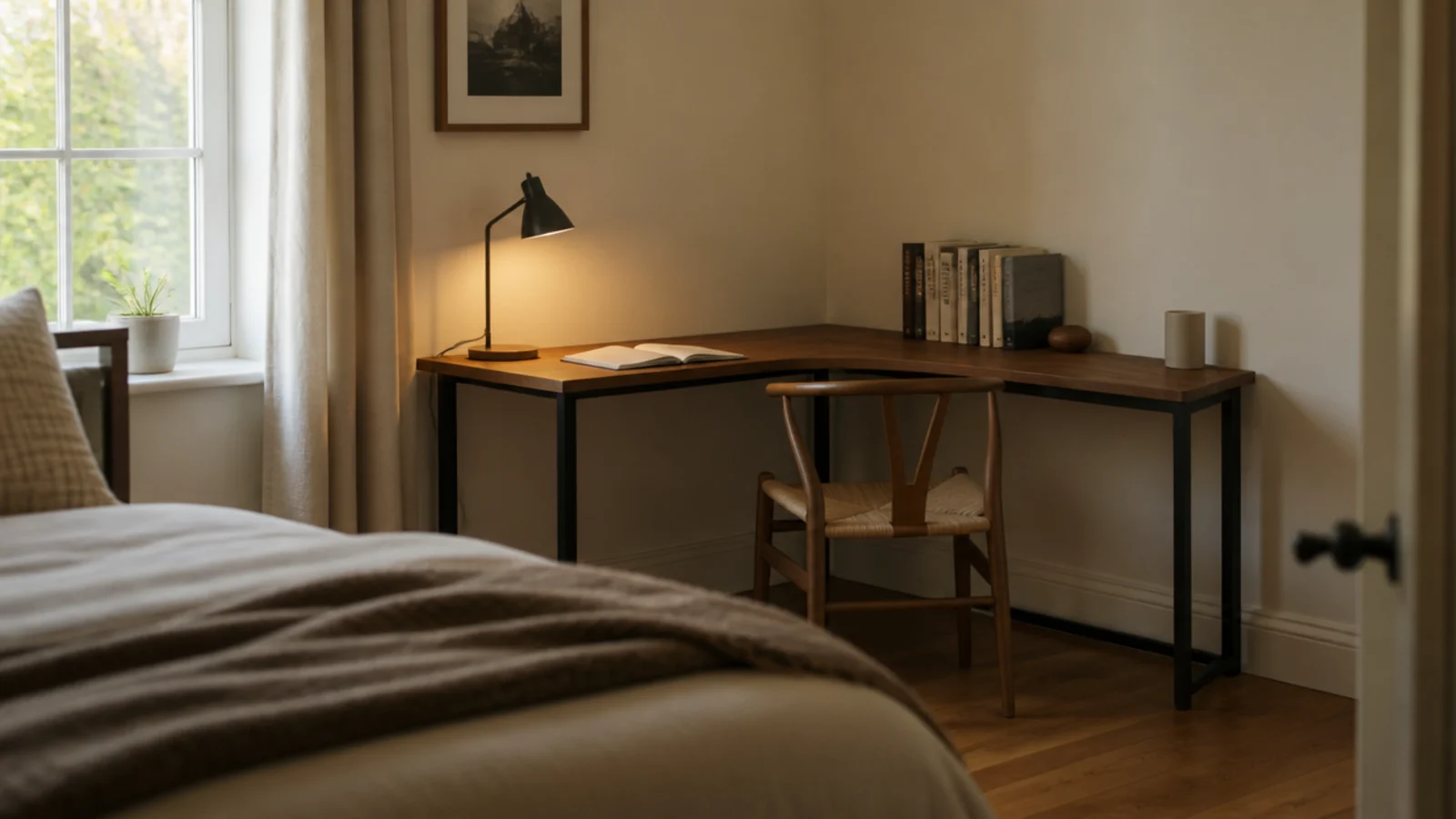 corner desk fitted tightly into the angle of two bedroom walls