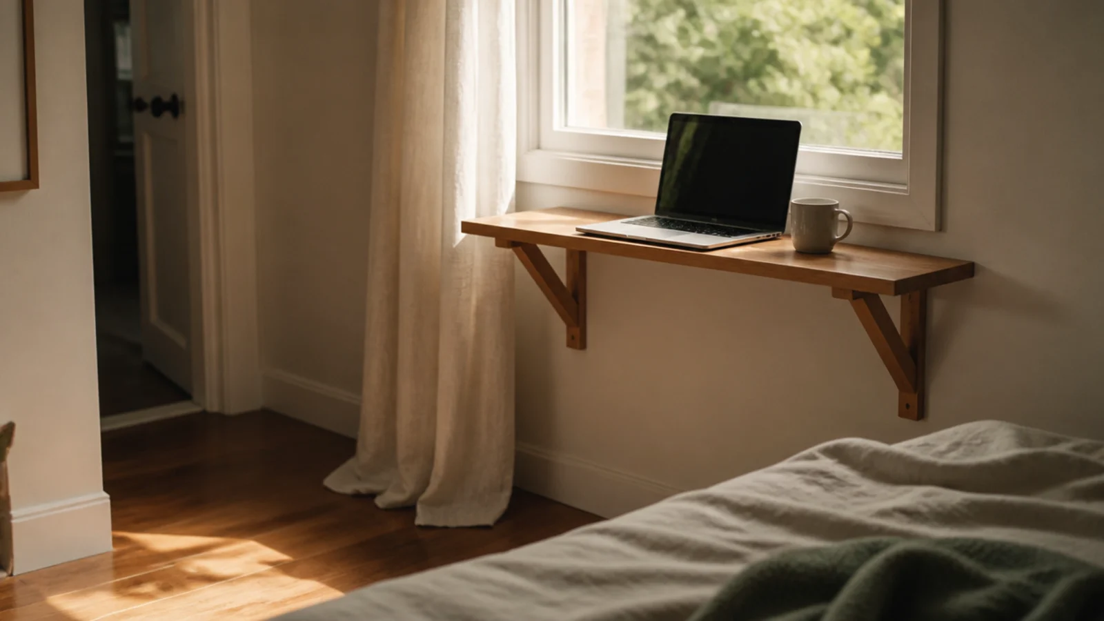 timber ledge desk running under a window at seated height