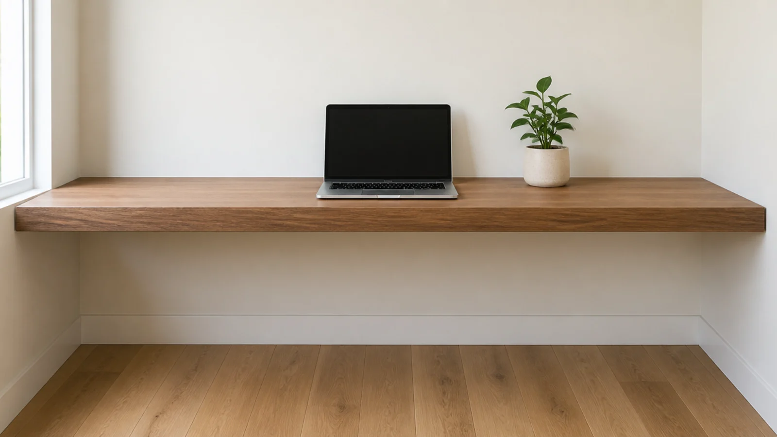 wall mounted desk with no legs hanging above clear floor space