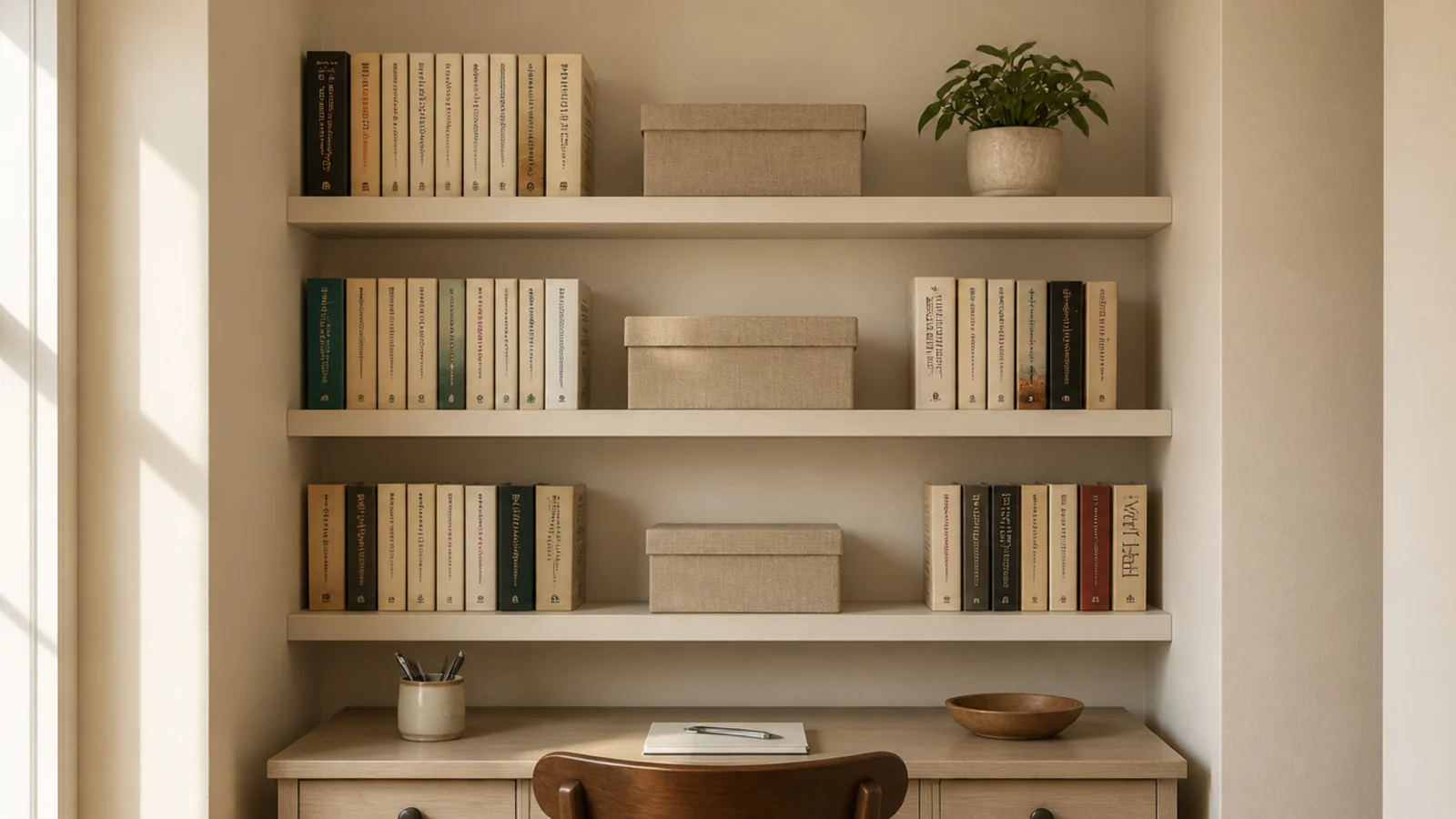 three narrow shelves stacked above a desk in a tight alcove