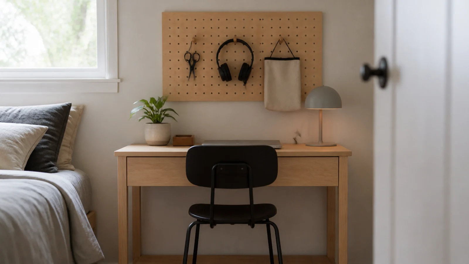 pegboard above a small desk replacing floor standing storage