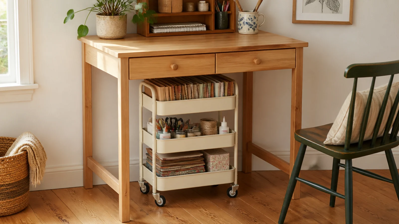 slim rolling cart tucked completely beneath a small study desk