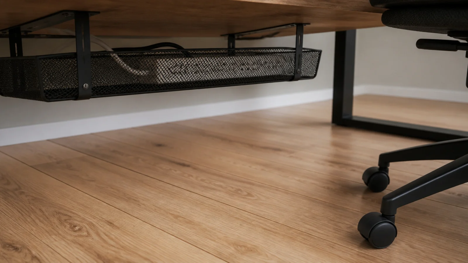 cable tray under a small desk with clear floorboards beneath