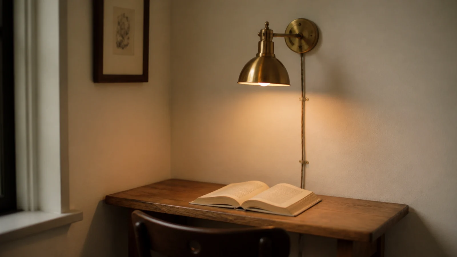 wall sconce above a tiny desk leaving the surface completely bare