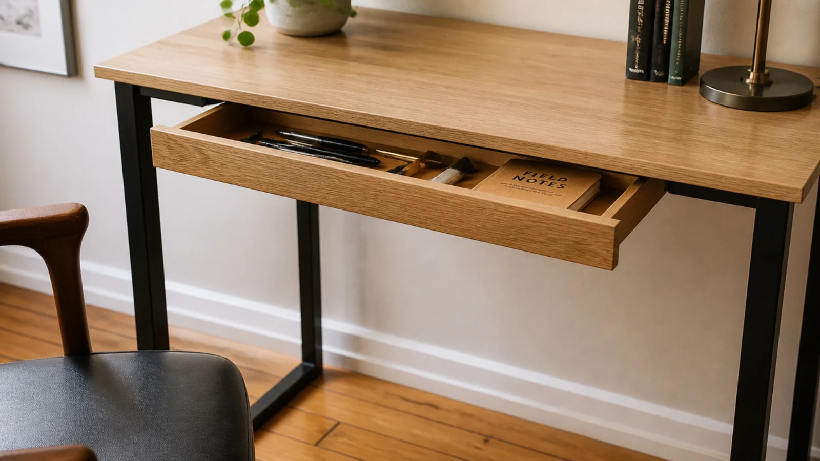 very shallow drawer under a small desk with knee space below
