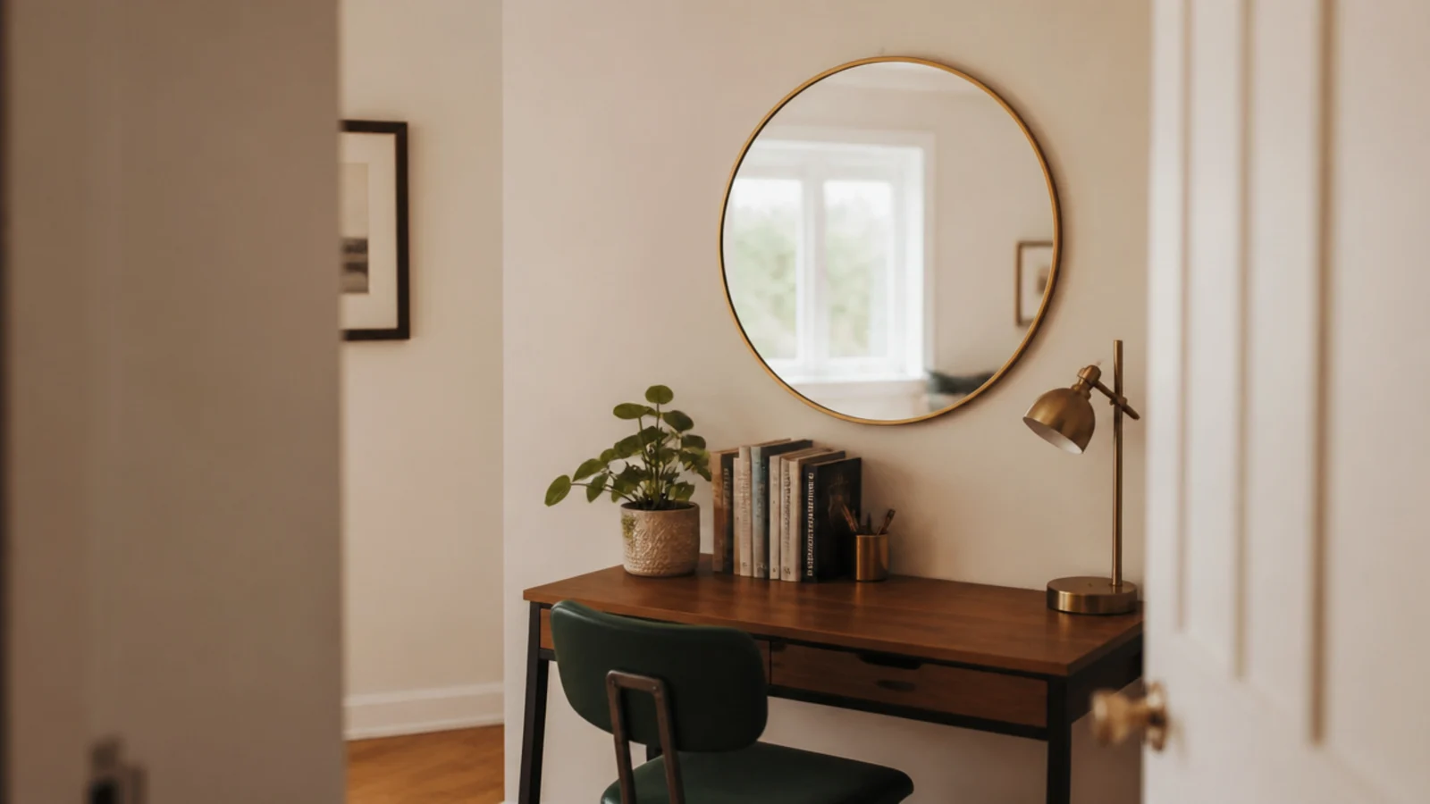 round mirror on the wall opposite a window above a small desk
