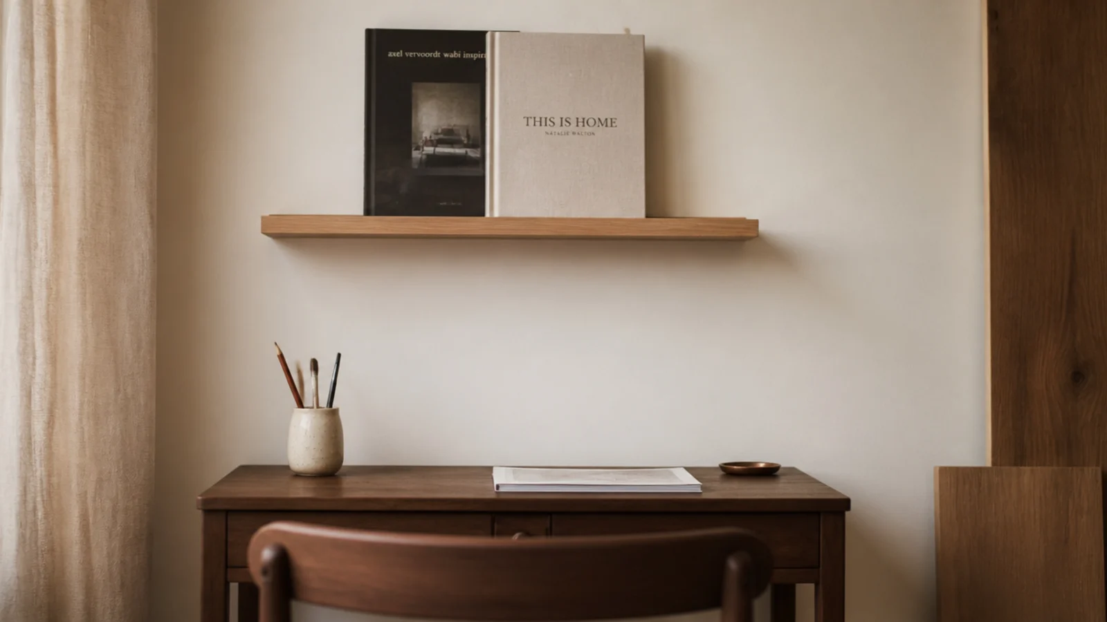 pale matt wall behind a small desk reflecting soft even light