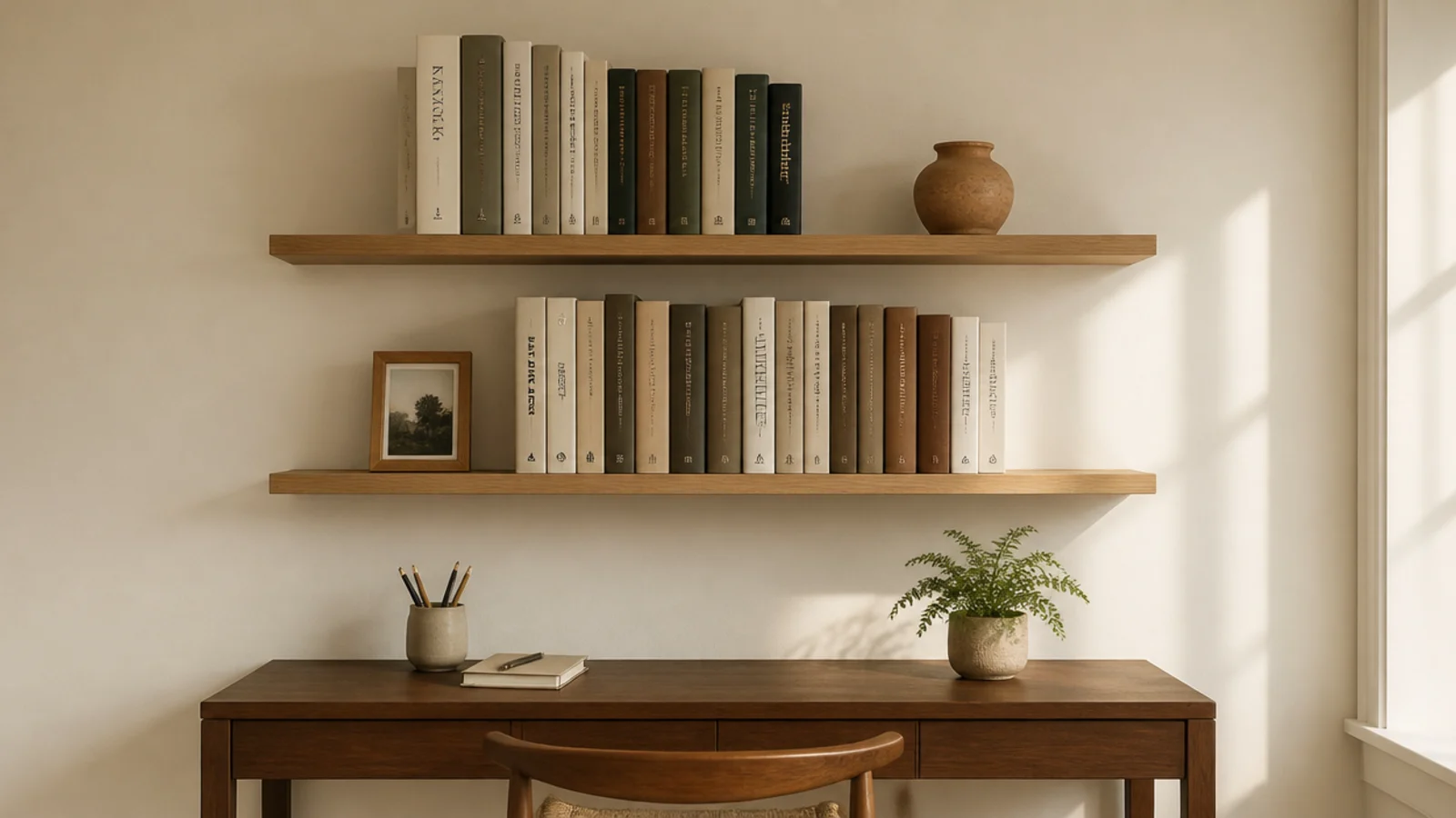two open shelves above a desk instead of a bulky hutch unit