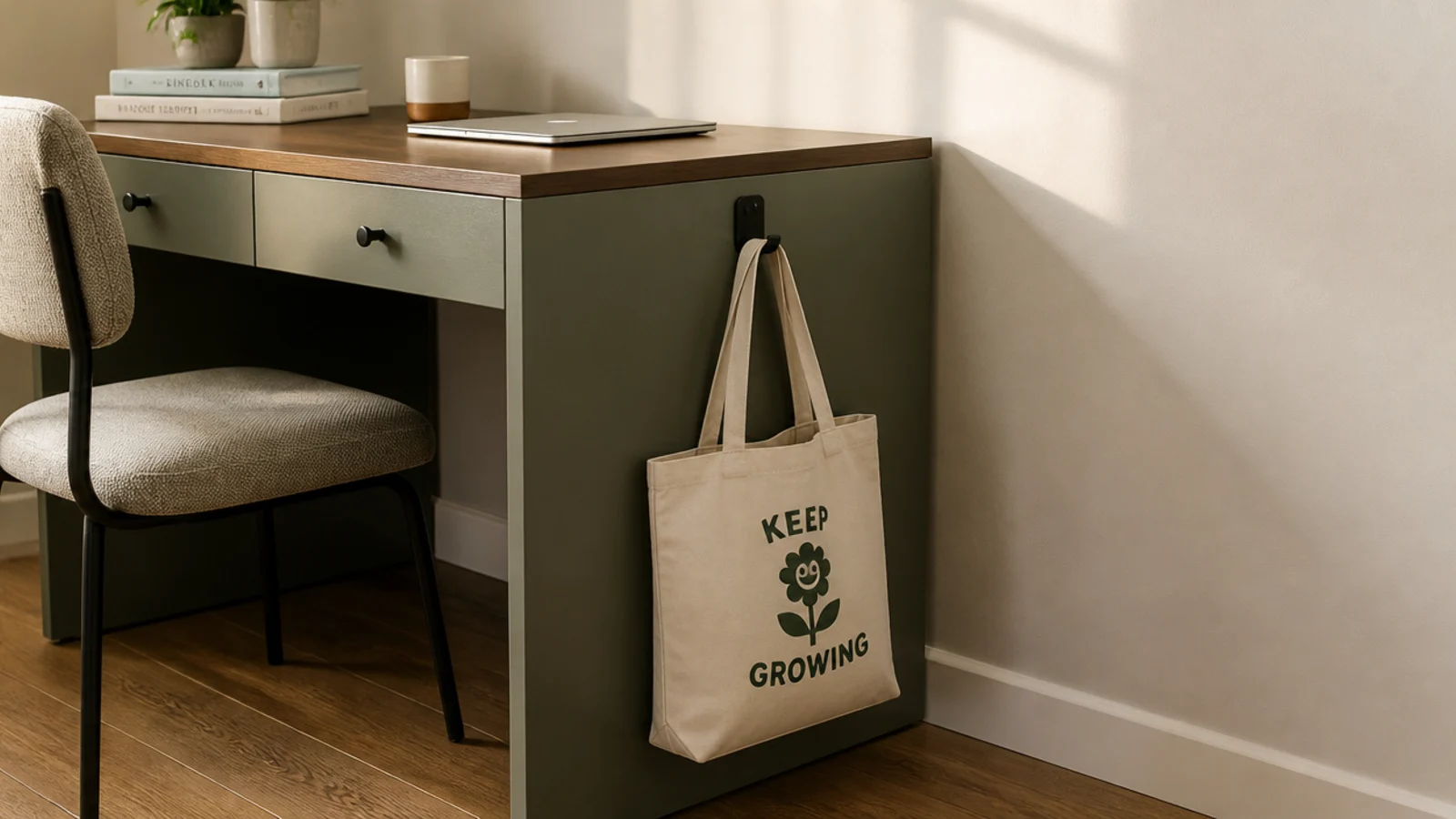 canvas bag hanging from a hook on the outer side of a desk